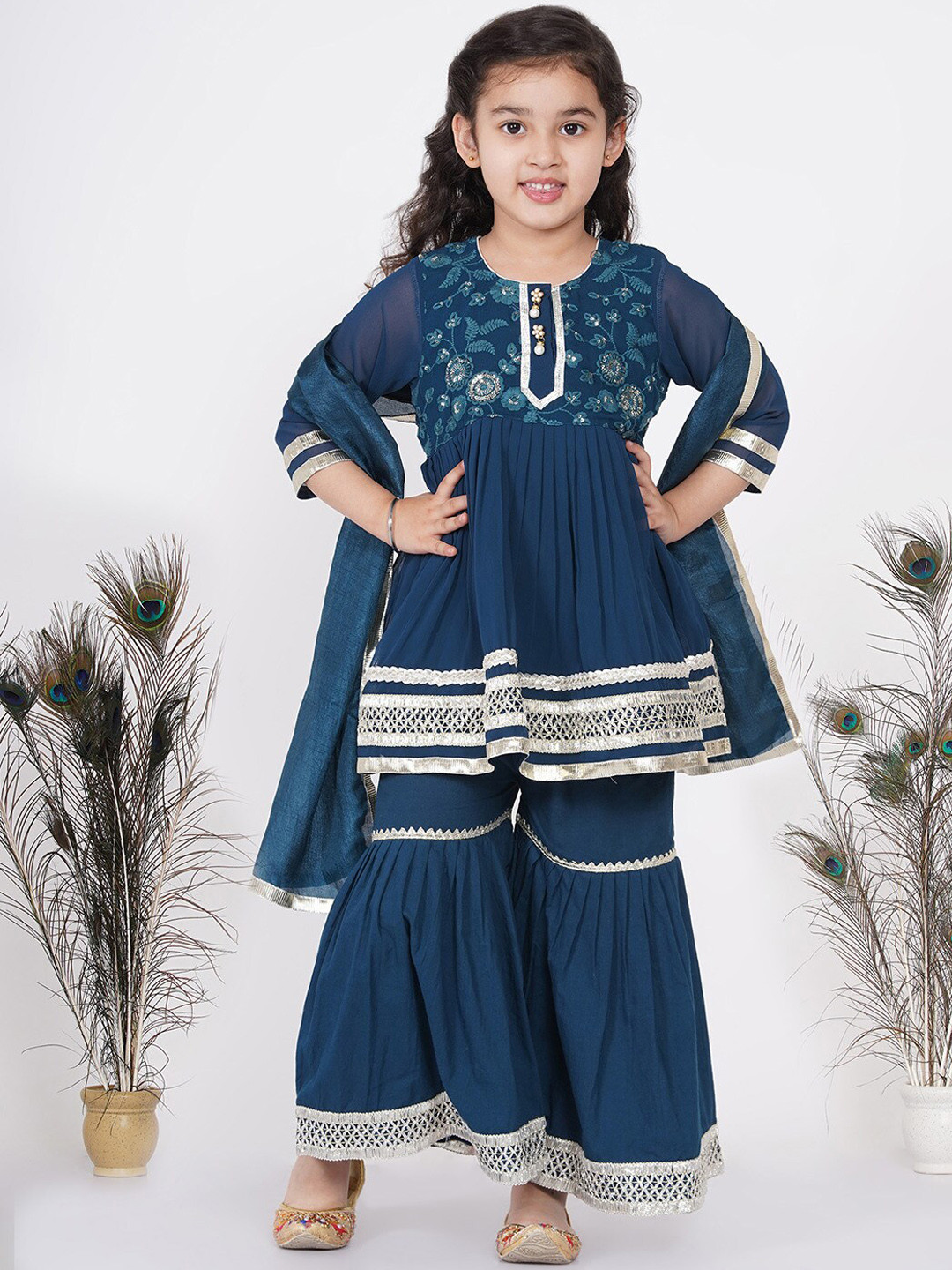 

Little Bansi Girls Multicoloured Floral Pleated Pure Cotton Kurta with Sharara & With Dupatta, Multi