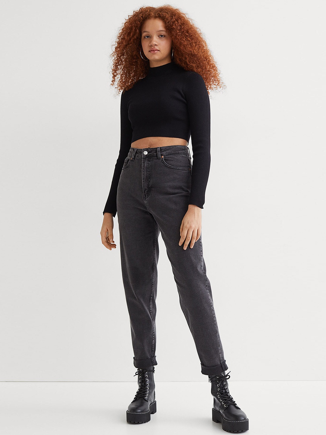 

H&M Women Grey Solid Mom High Ankle Jeans