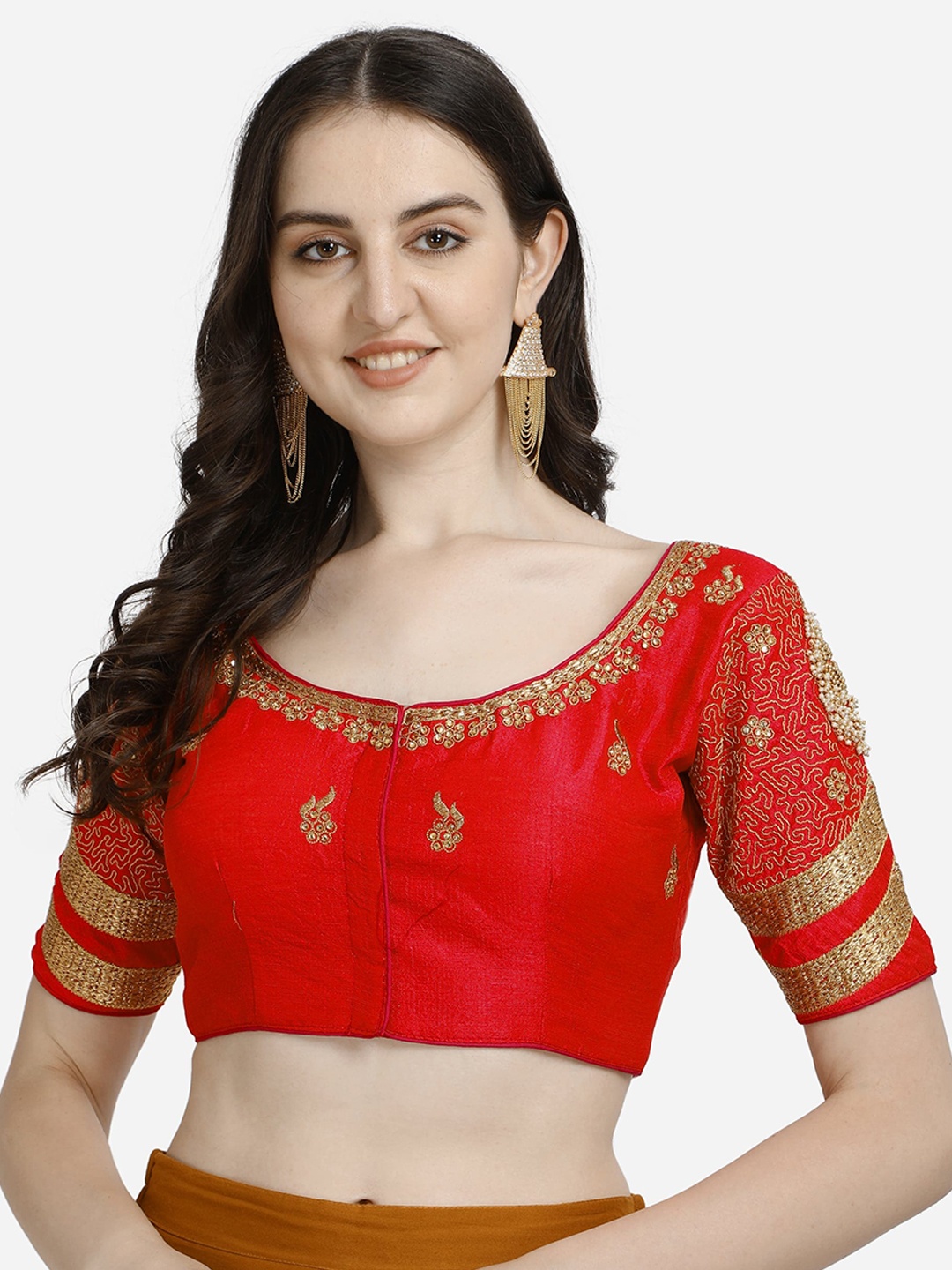 

Mesmore Women Red & Gold-Coloured Embroidered Silk Saree Blouse