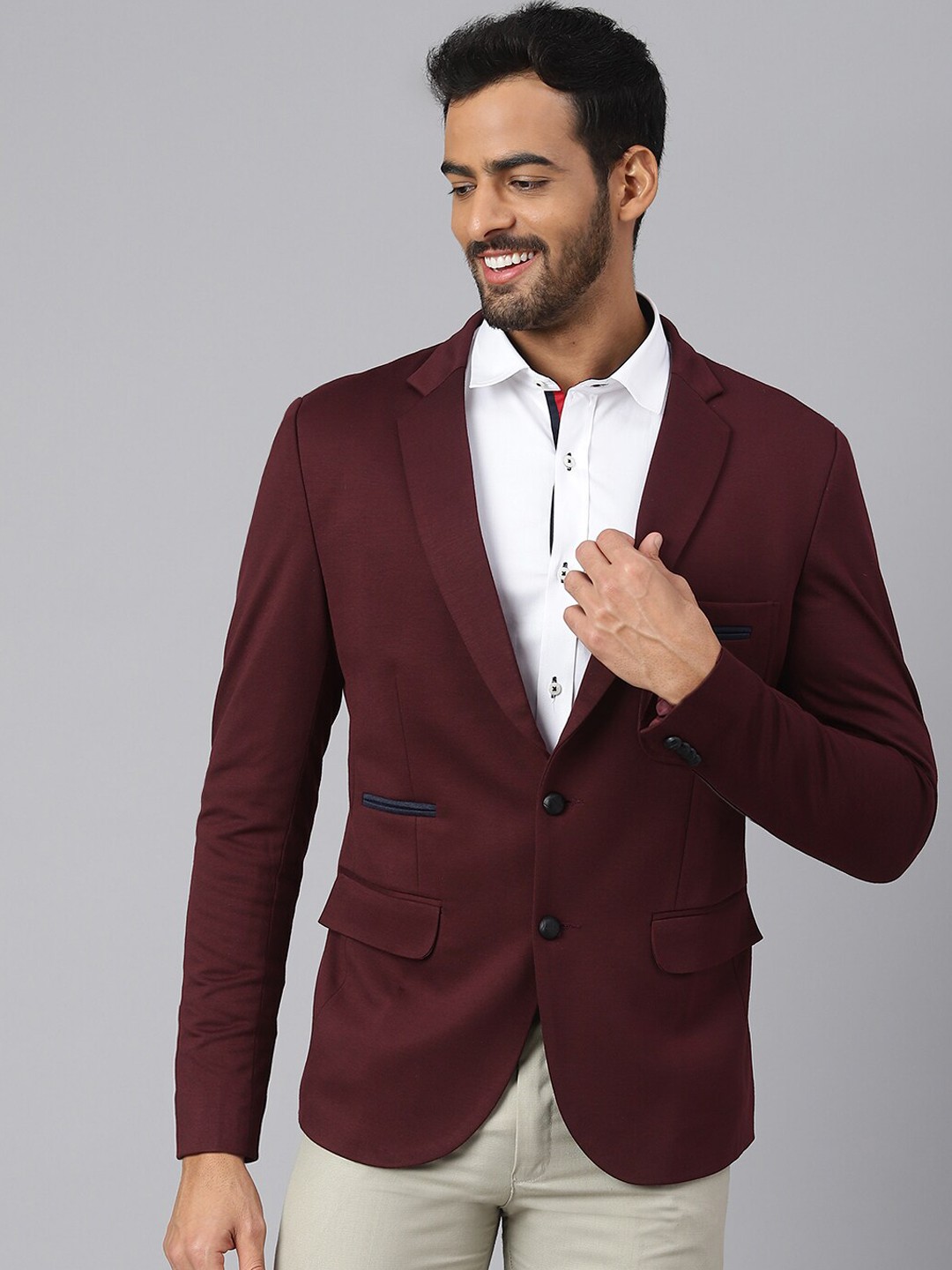 

MR BUTTON Men Burgundy Solid Slim Fit Single Breasted Blazer