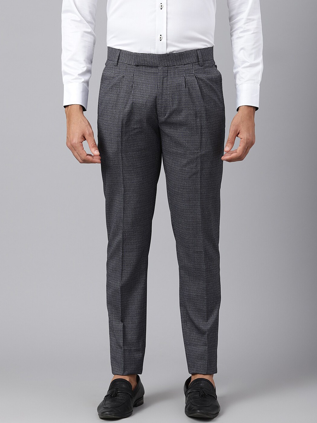 

MR BUTTON Men Brown Textured Slim Fit Pleated Trousers
