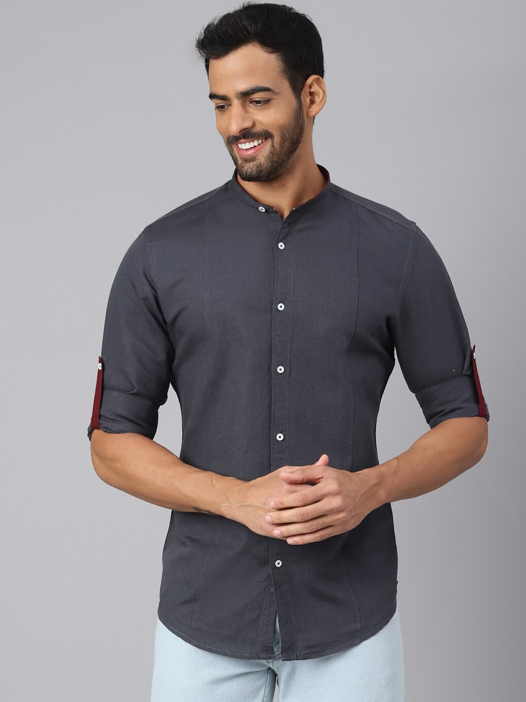 

MR BUTTON Men Grey Slim Fit Casual Shirt