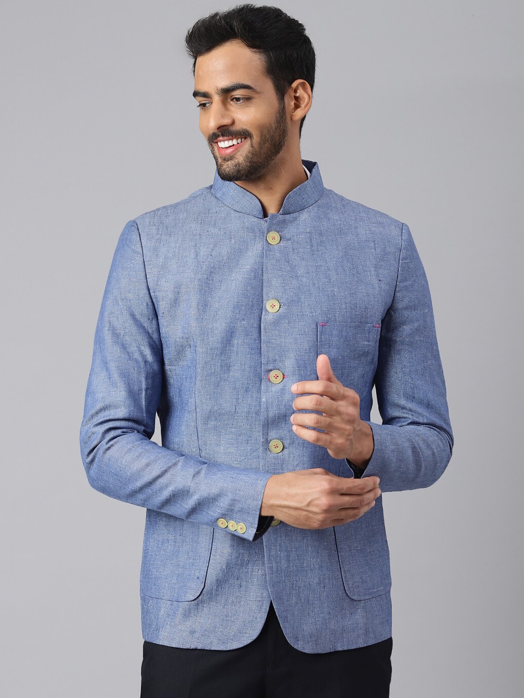 

MR BUTTON Men Blue Solid Slim-Fit Bandhgala Blazers