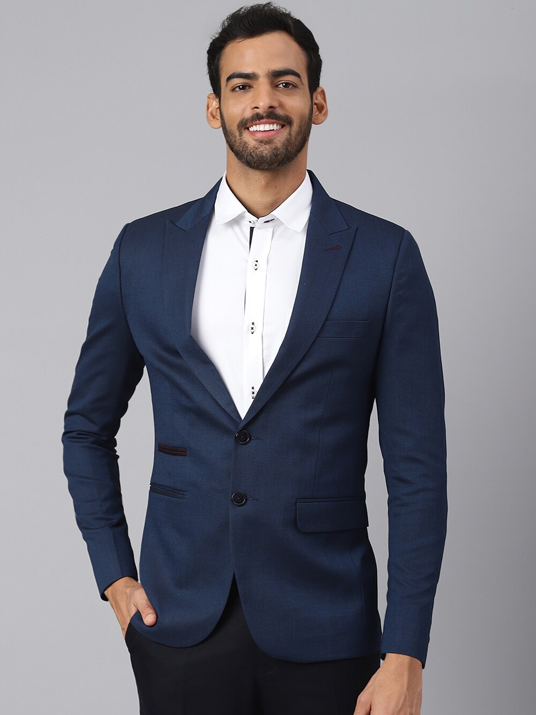 

MR BUTTON Men Blue Solid Blazer