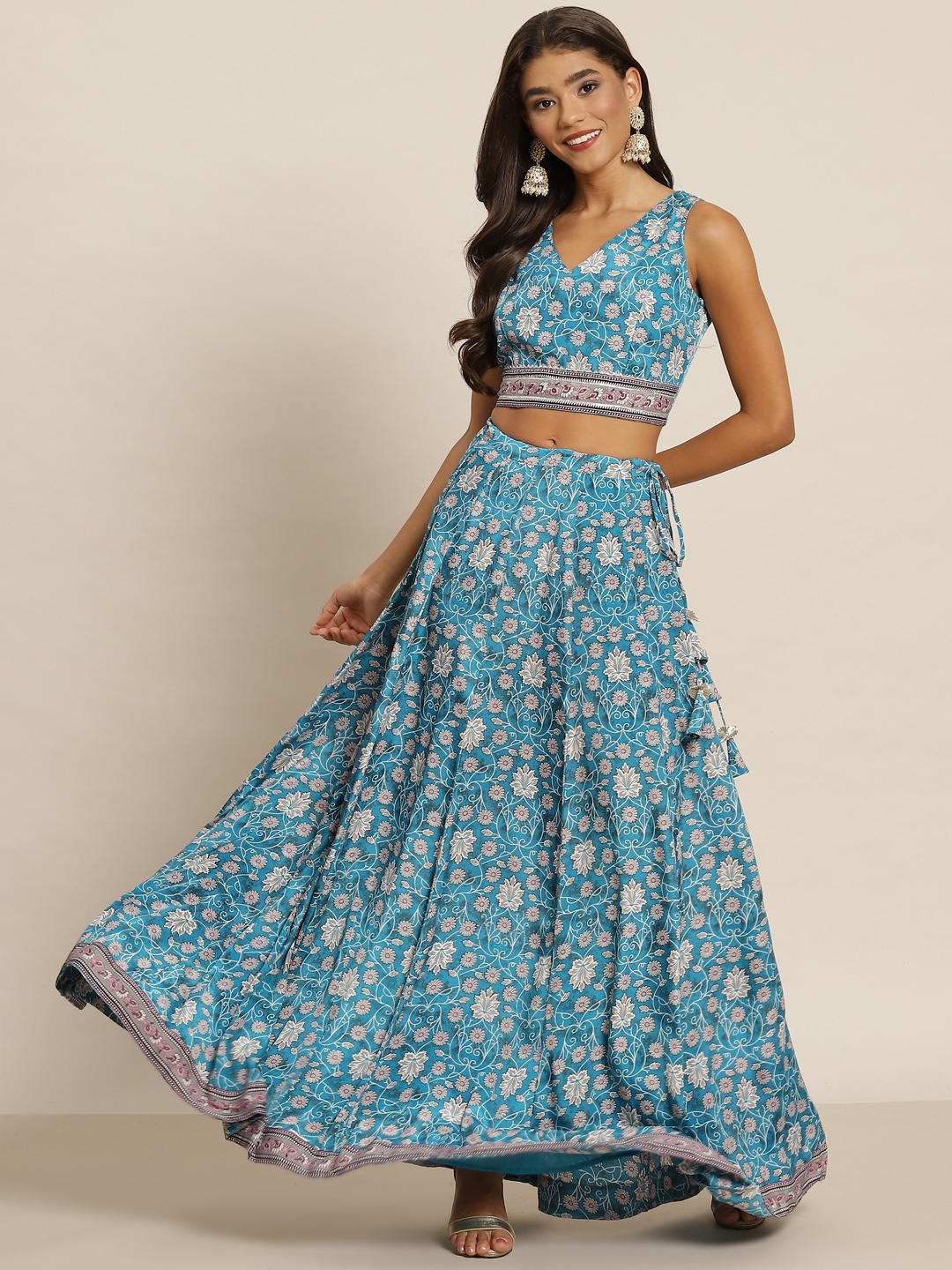 

Shae by SASSAFRAS Teal & Pink Printed Ready to Wear Lehenga & Choli