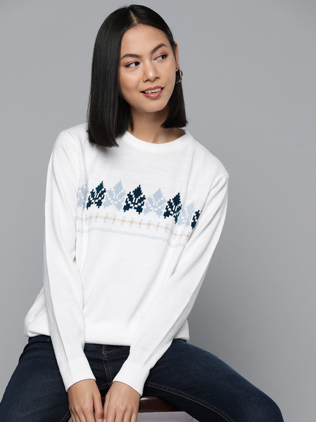 

HERE&NOW Geometric Self Design Acrylic Pullover, White
