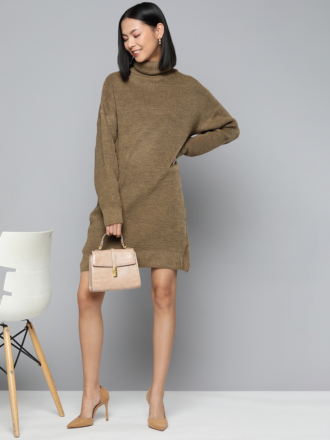 

HERE&NOW Turtle Neck Acrylic Sweater Dress, Olive