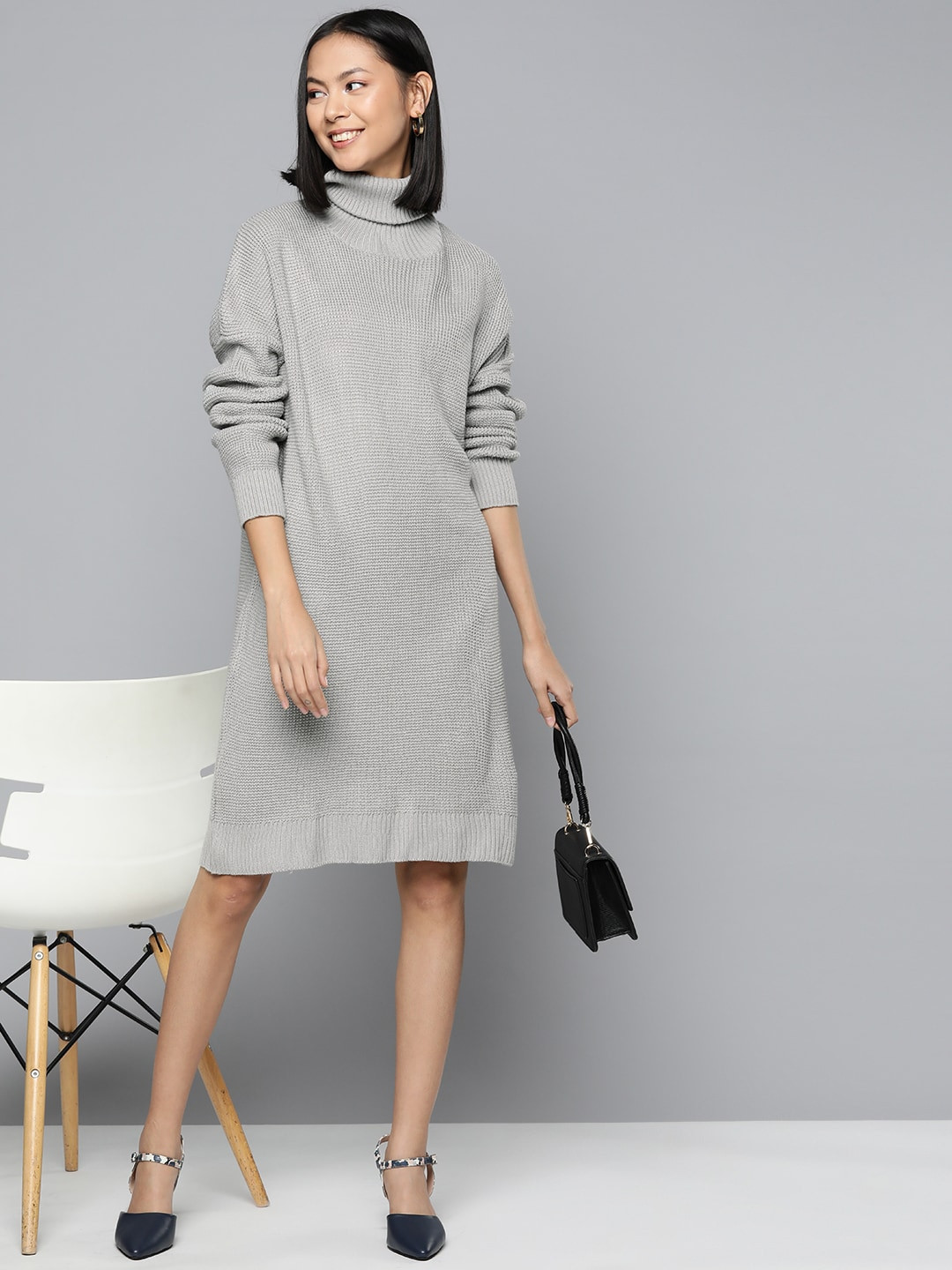 

HERE&NOW Turtle Neck Acrylic Sweater Dress, Grey
