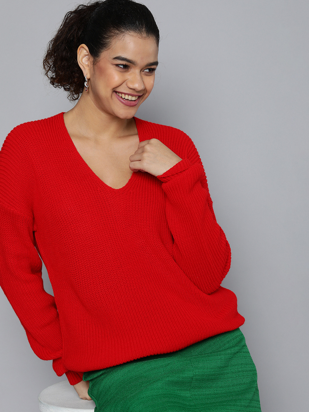 

HERE&NOW Women Red Ribbed V-Neck Acrylic Pullover