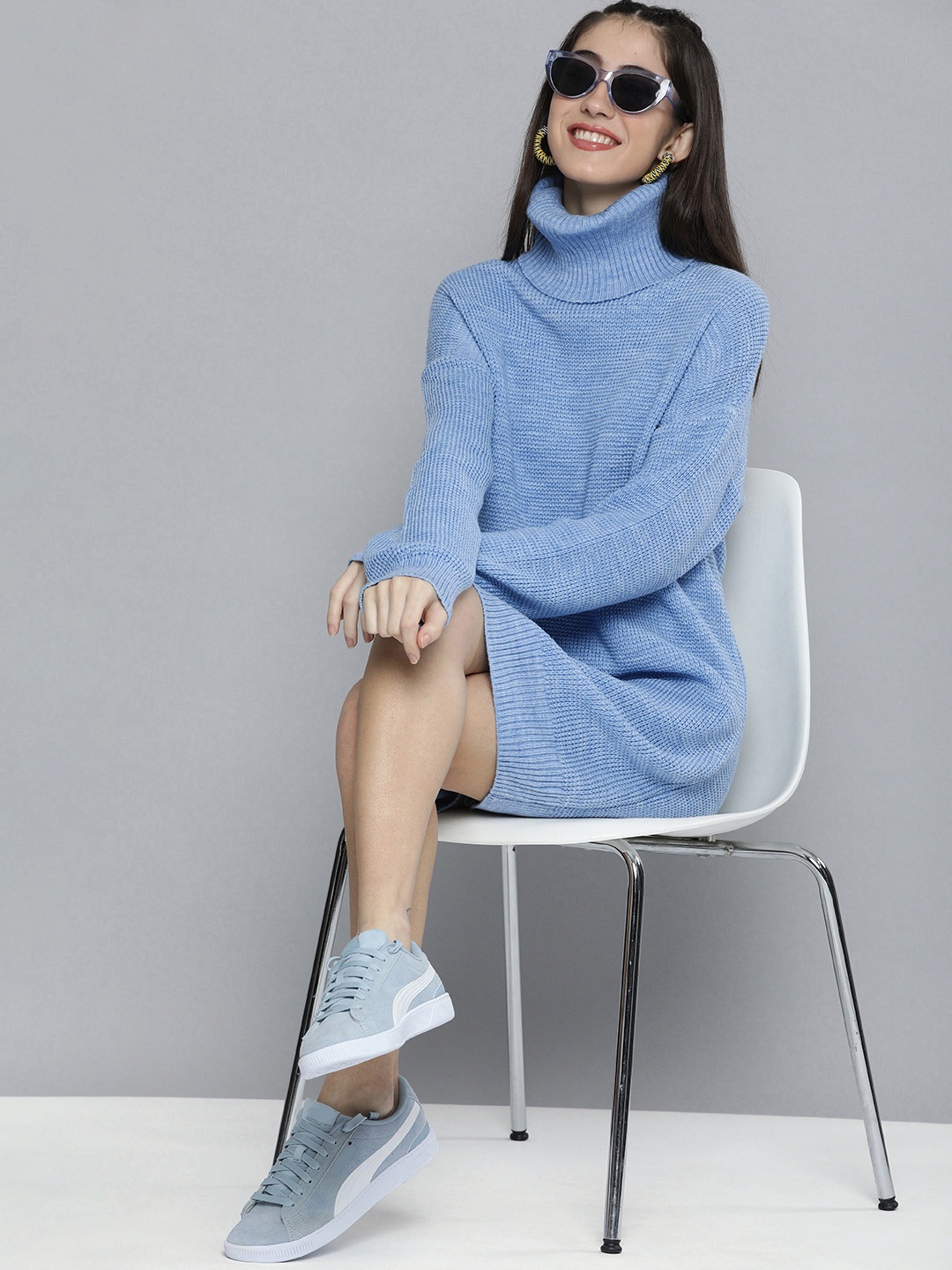 

HERE&NOW Women Blue Solid Turtle Neck Longline Pullover