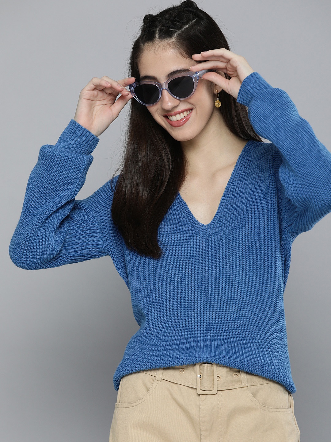 

HERE&NOW Women Blue Cable Knit V-Neck Pullover Sweater