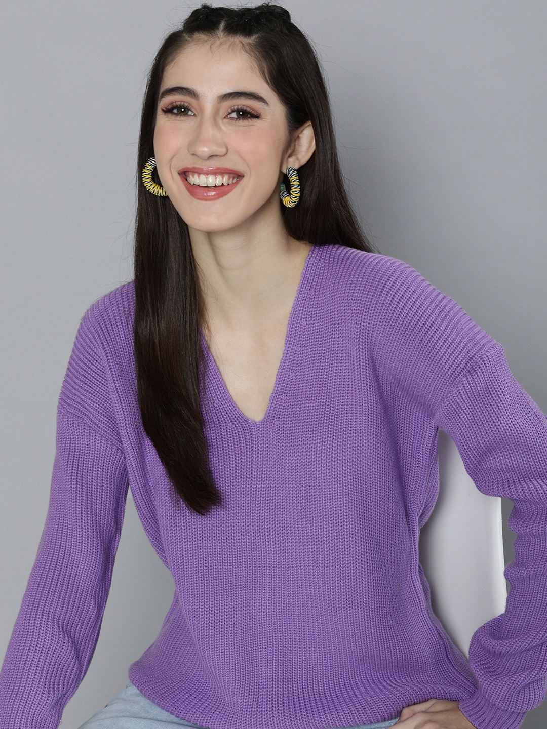 

HERE&NOW Women Violet Cable Knit V-Neck Pullover Sweater