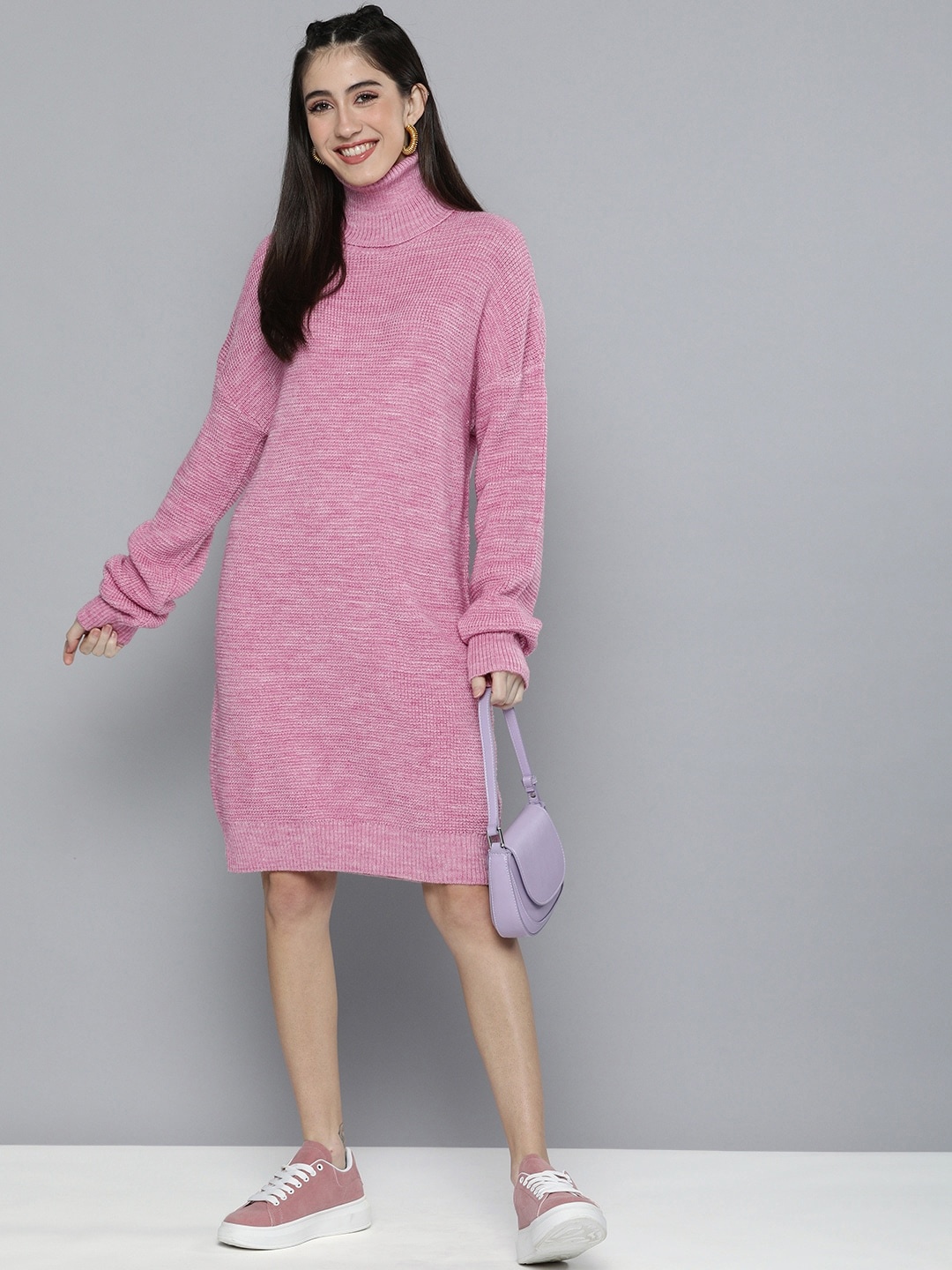 

HERE&NOW Women Pink High Neck Self Design Jumper Dress