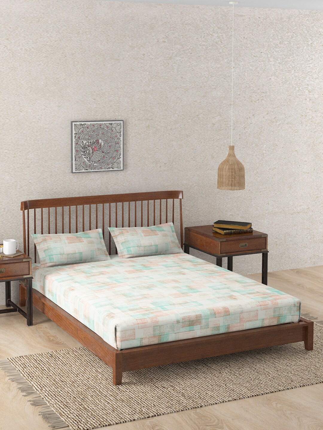 

Fabindia Teal Green & Peach-Coloured 180 TC King Bedsheet with 2 Pillow Covers