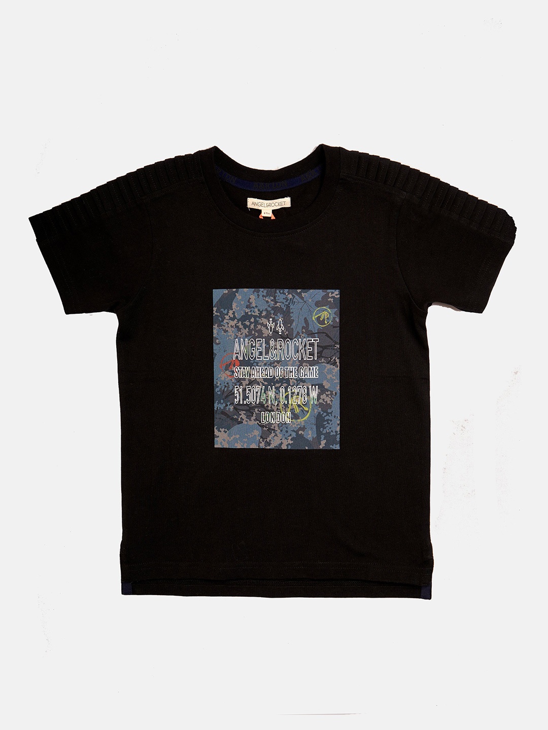 

Angel & Rocket Boys Black Typography Printed V-Neck Applique T-shirt