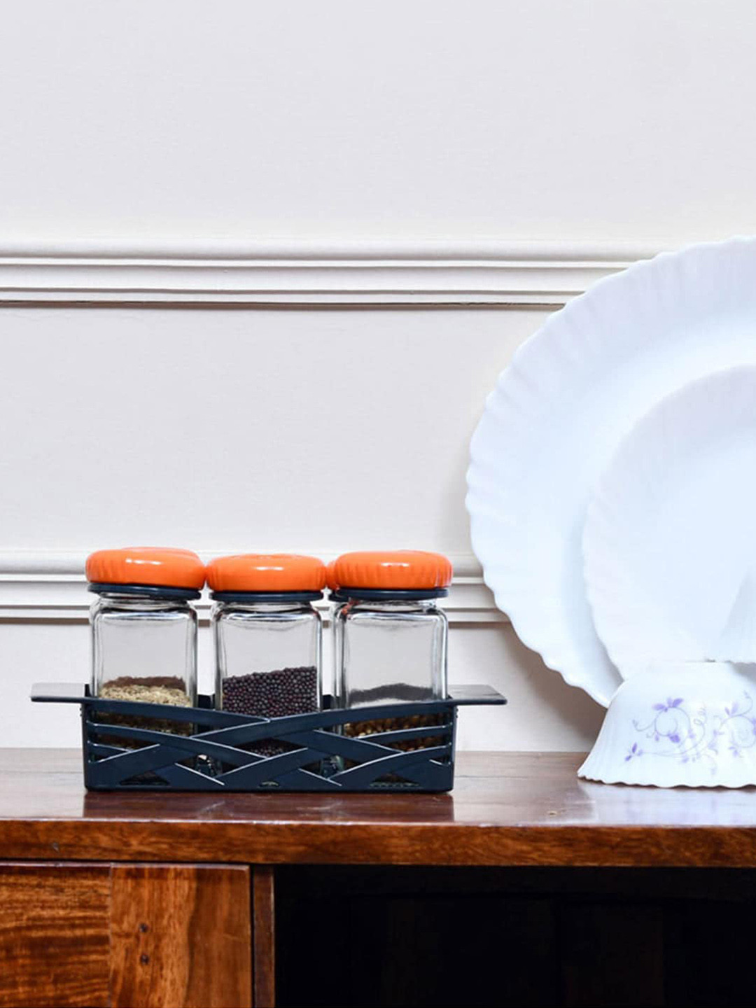 

Athome by Nilkamal Set Of 6 Orange & Transparent Jars With Tray
