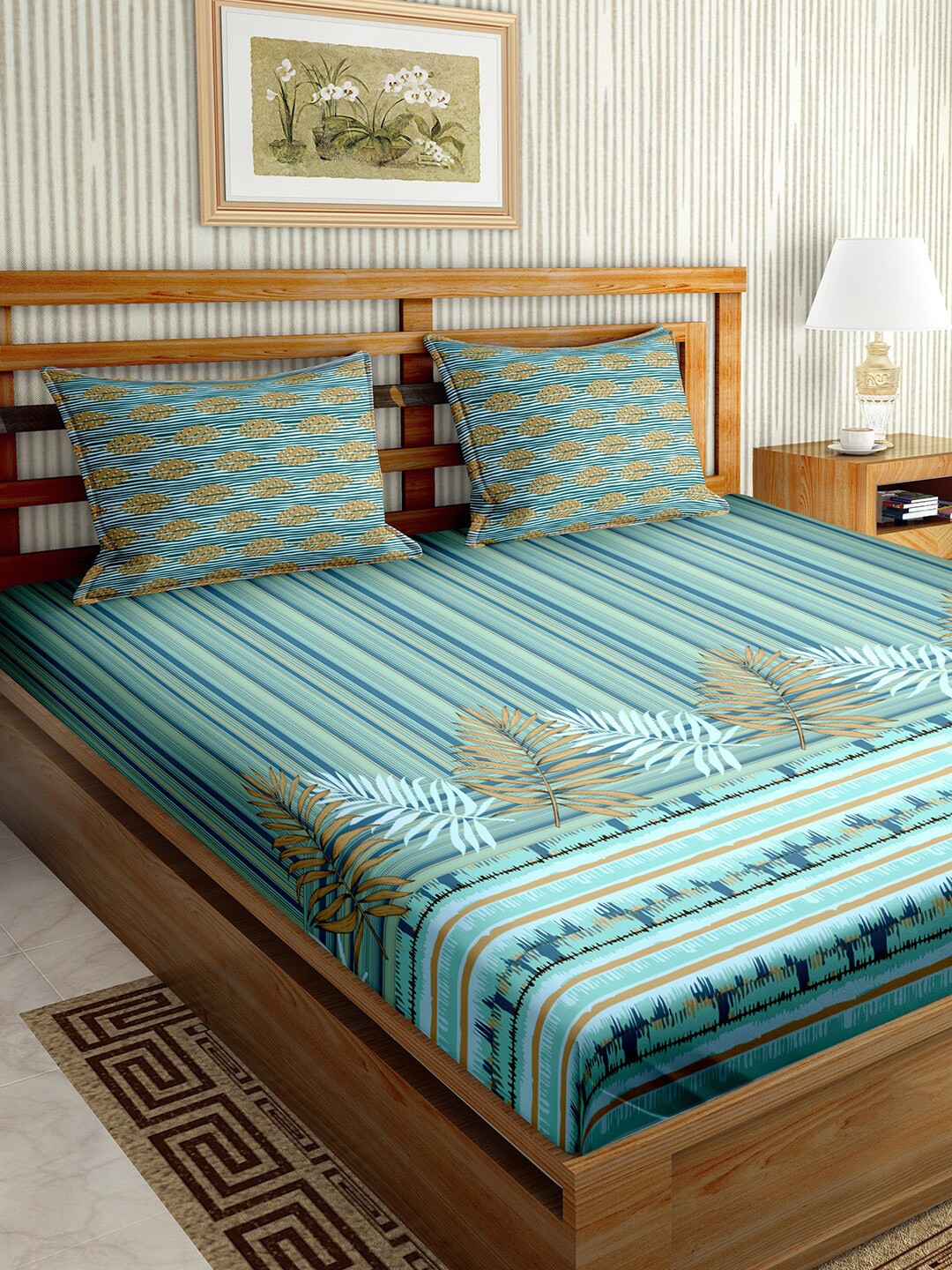 

BELLA CASA Blue & Multicoloured 180 TC King Bedsheet with 2 Pillow Covers