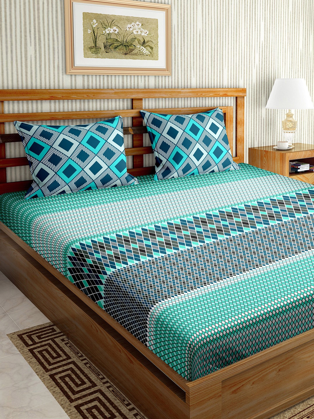 

BELLA CASA Blue Geometric 180 TC King Bedsheet with 2 Pillow Covers