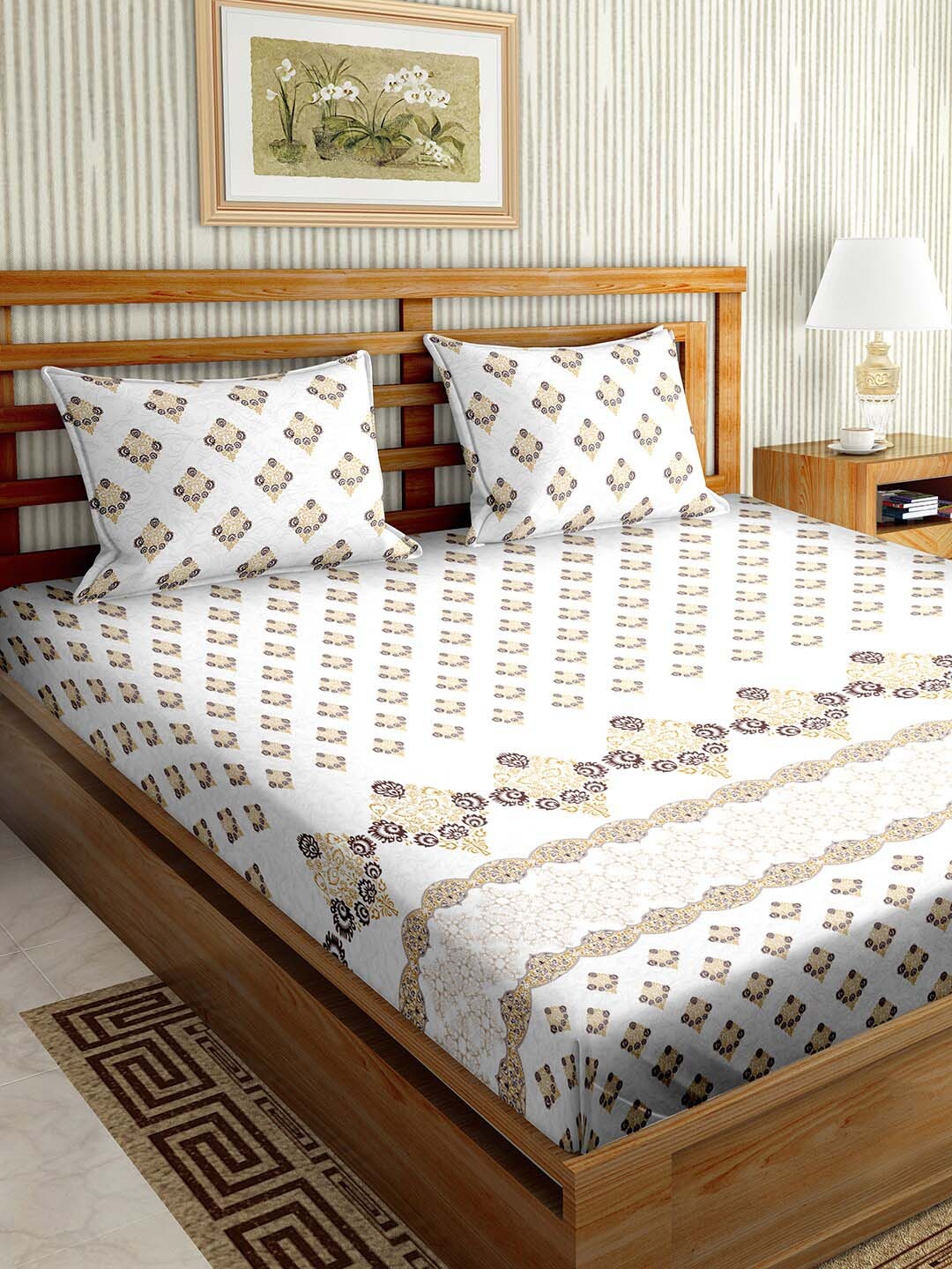 BELLA CASA Brown & White Ethnic Motifs 180 TC King Bedsheet with 2 Pillow Covers