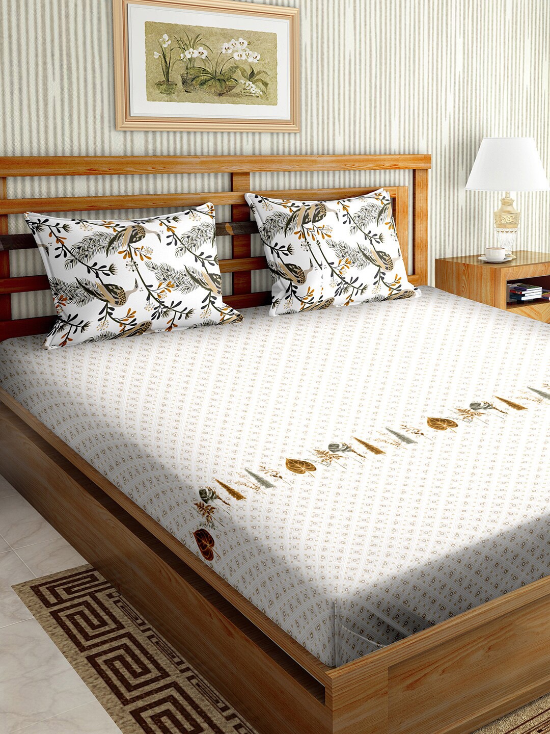 

BELLA CASA Brown & White Graphic 180 TC King Bedsheet with 2 Pillow Covers