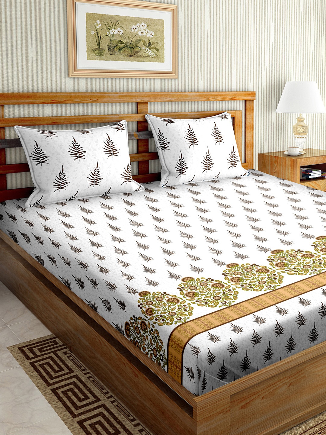 

BELLA CASA Green & White Floral 180 TC King Bedsheet with 2 Pillow Covers