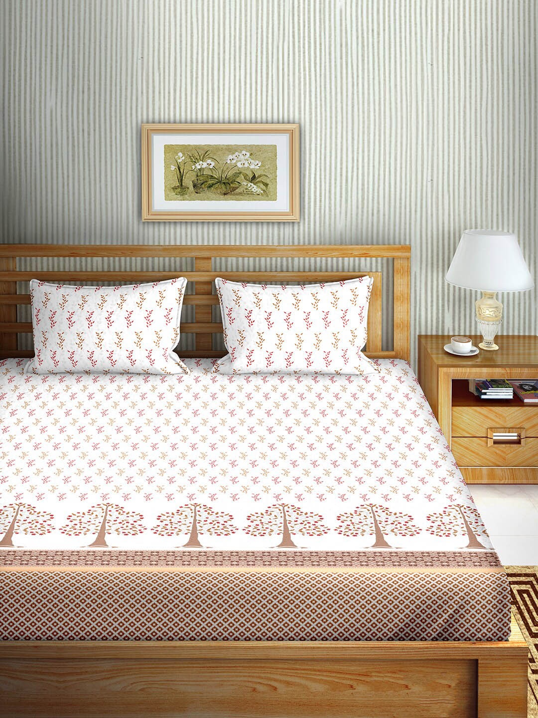 

BELLA CASA White & Pink Ethnic Motifs 150 TC Cotton King Bedsheet with 2 Pillow Covers