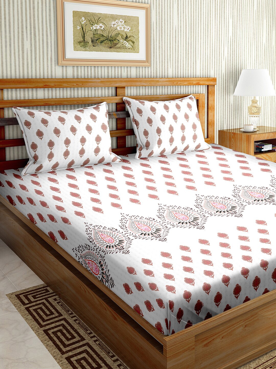 

BELLA CASA Off White & Brown Floral 180 TC King Bedsheet with 2 Pillow Covers