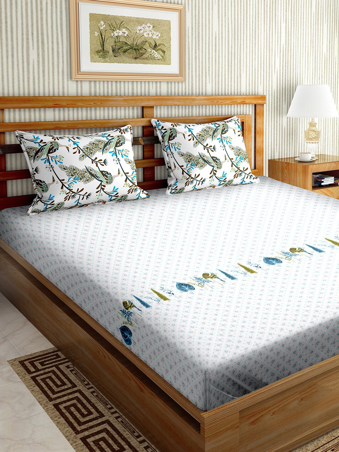 

BELLA CASA Blue 180 TC Cotton King Bedsheet with 2 Pillow Covers