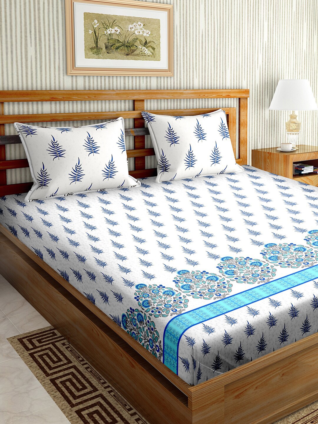 

BELLA CASA Blue Floral 180 TC King Bedsheet with 2 Pillow Covers