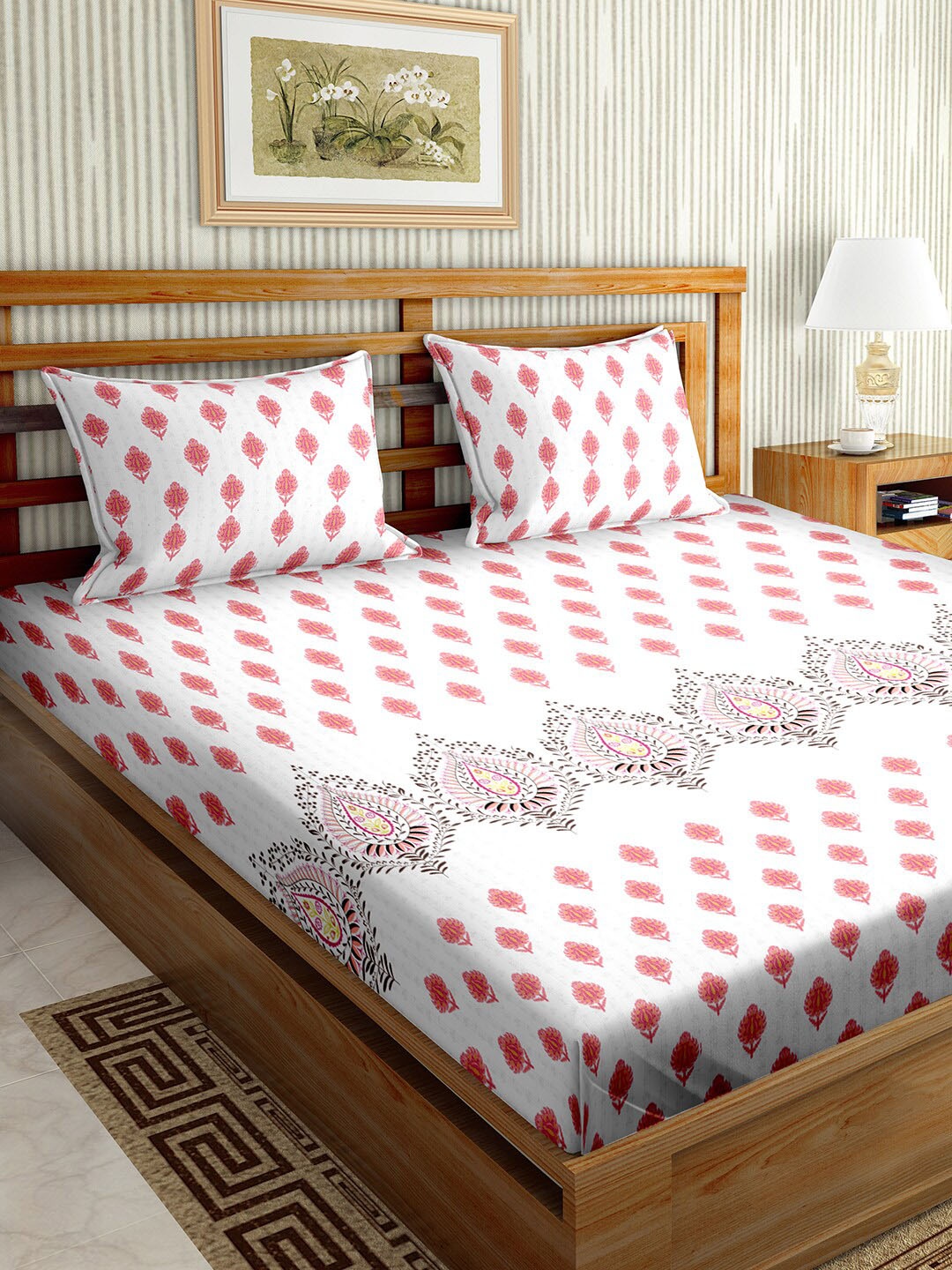 

BELLA CASA Pink Floral 180 TC Cotton King Bedsheet with 2 Pillow Covers