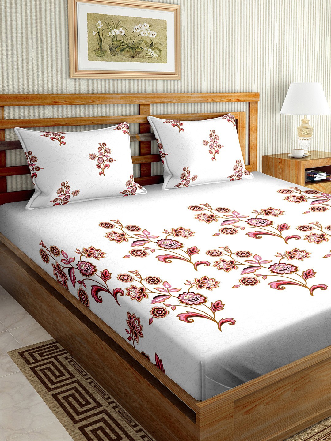 

BELLA CASA Pink Floral 180 TC King Bedsheet with 2 Pillow Covers