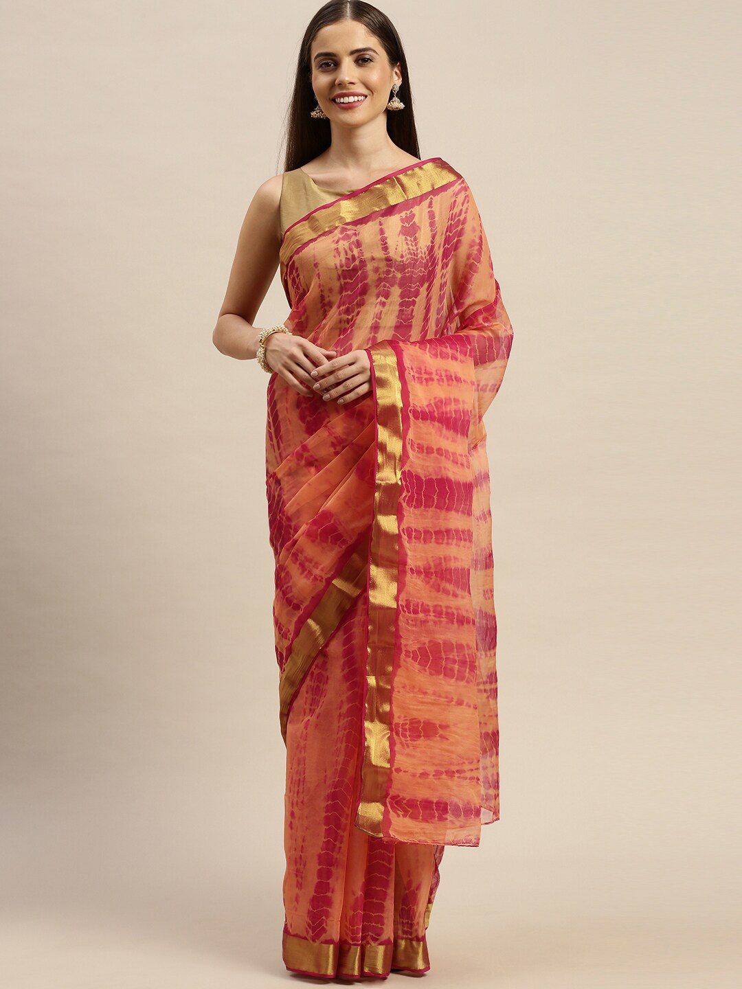 

Mitera Peach-Coloured & Gold-Toned Shibori Tie and Dye Saree