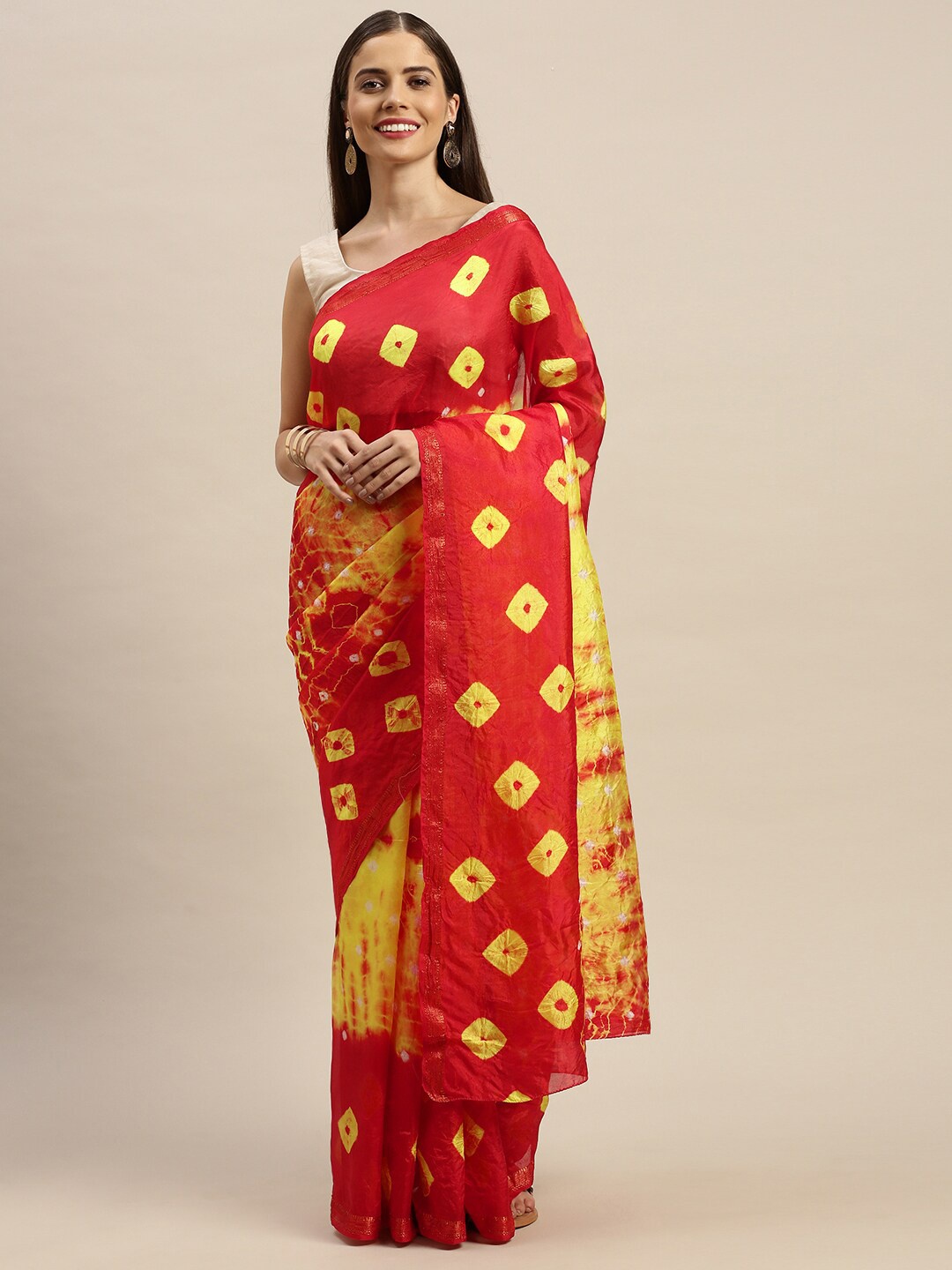 

Geroo Jaipur Red & Yellow Bandhani Zari Art Silk Bandhani Saree