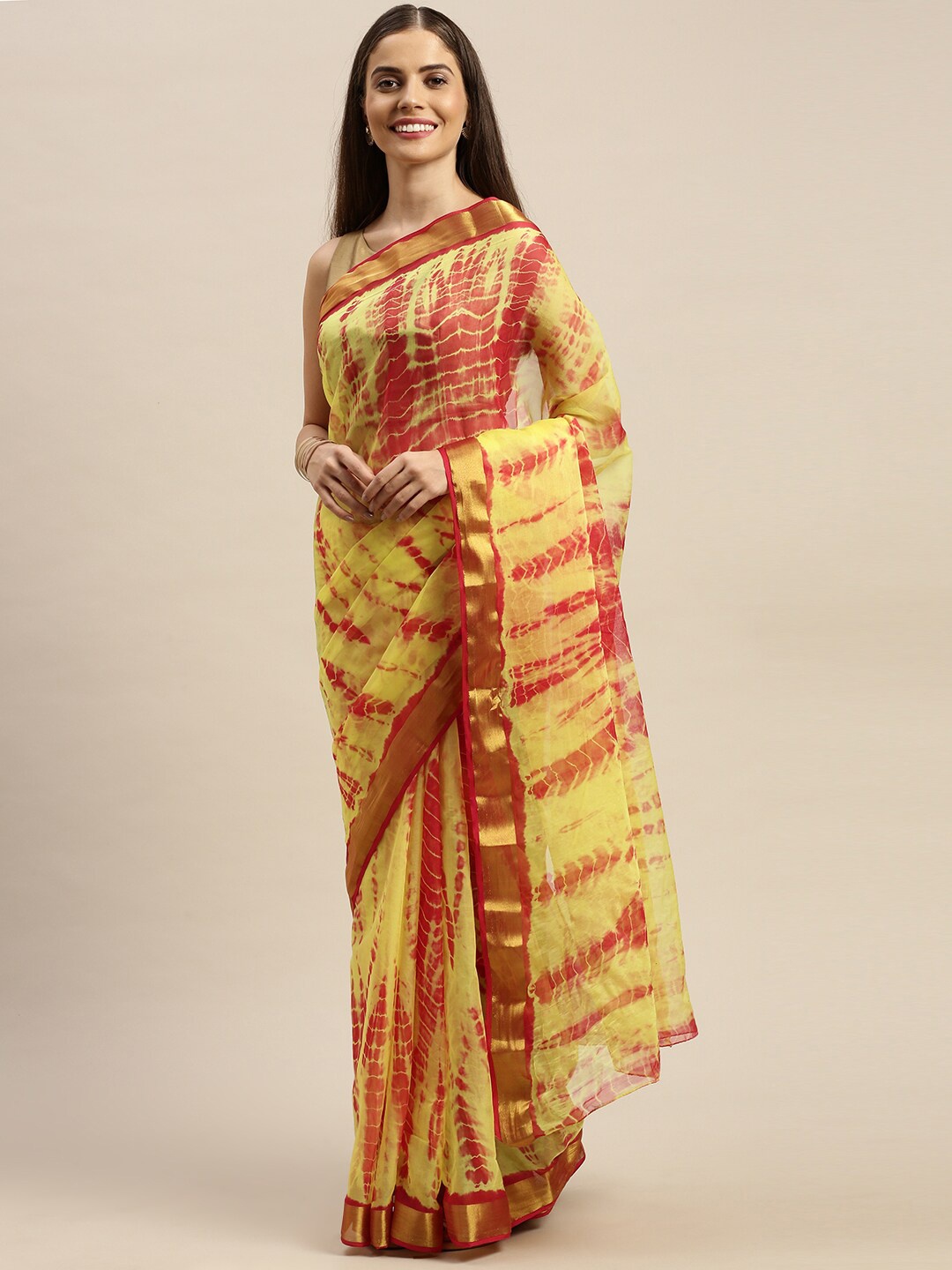 

Mitera Yellow & Pink Tie and Dye Zari Bandhani Saree