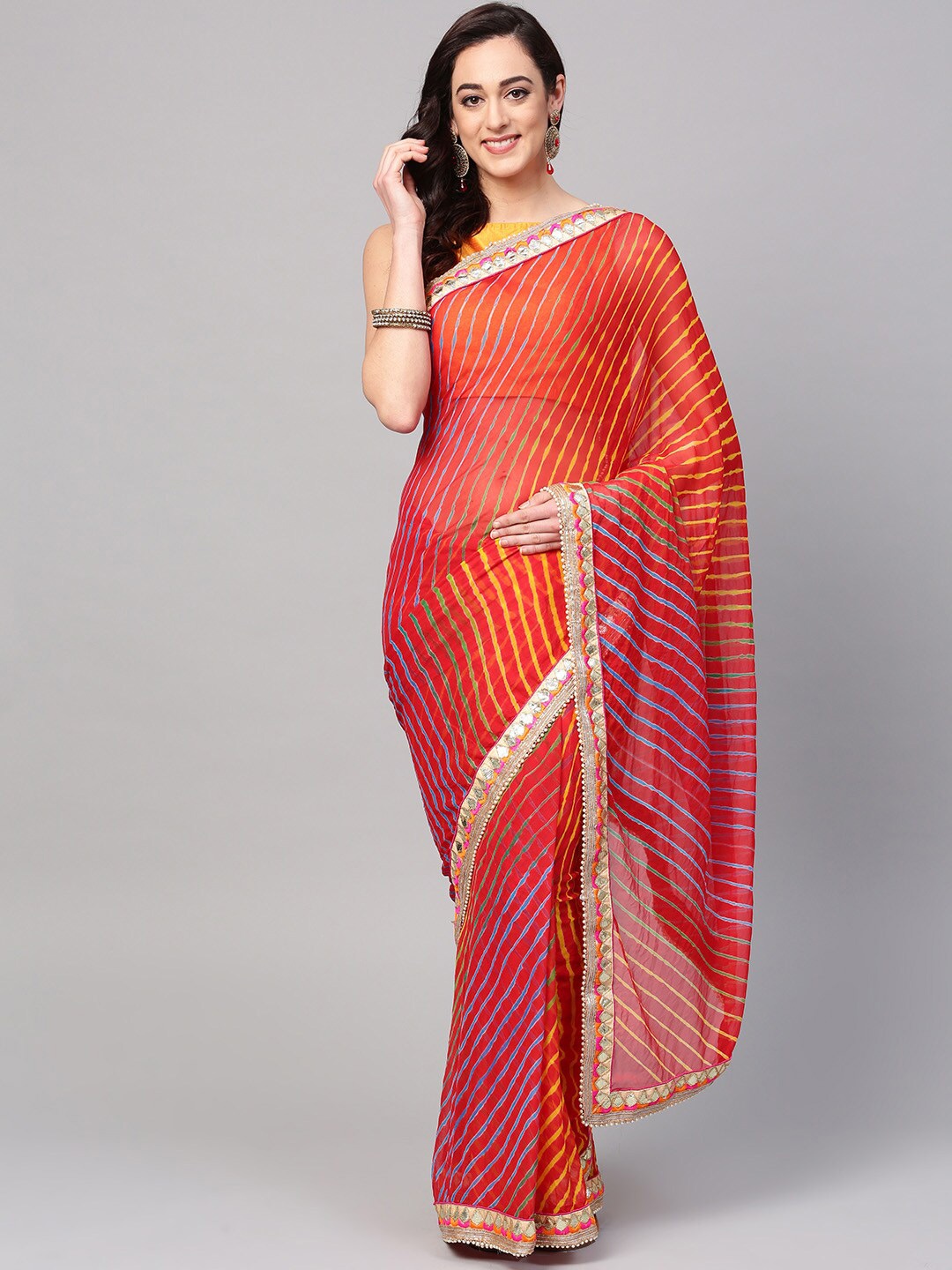

Mitera Red & Gold-Toned Leheriya Saree