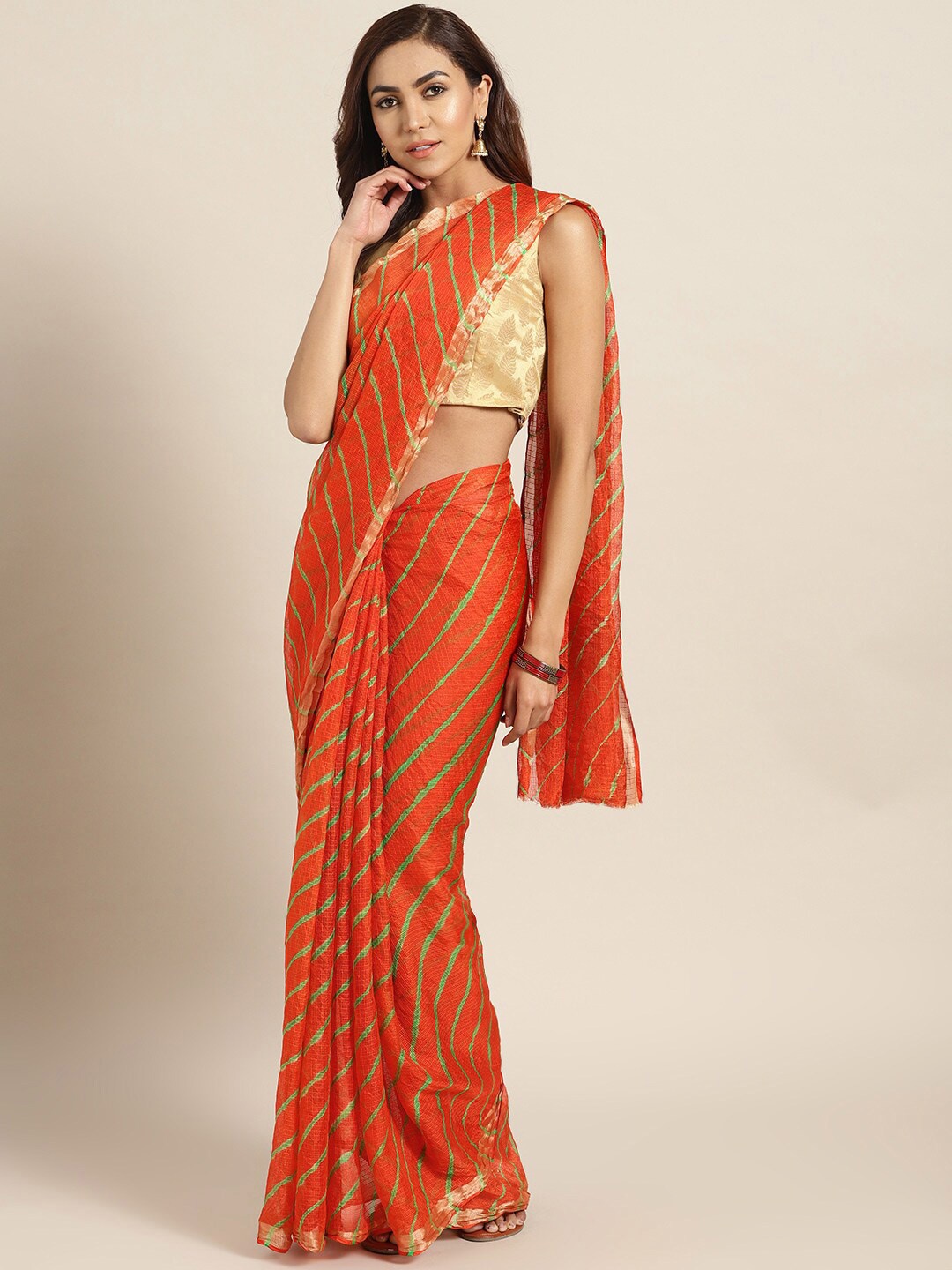 

Geroo Jaipur Orange & Gold-Toned Leheriya Zari Art Silk Leheriya Saree
