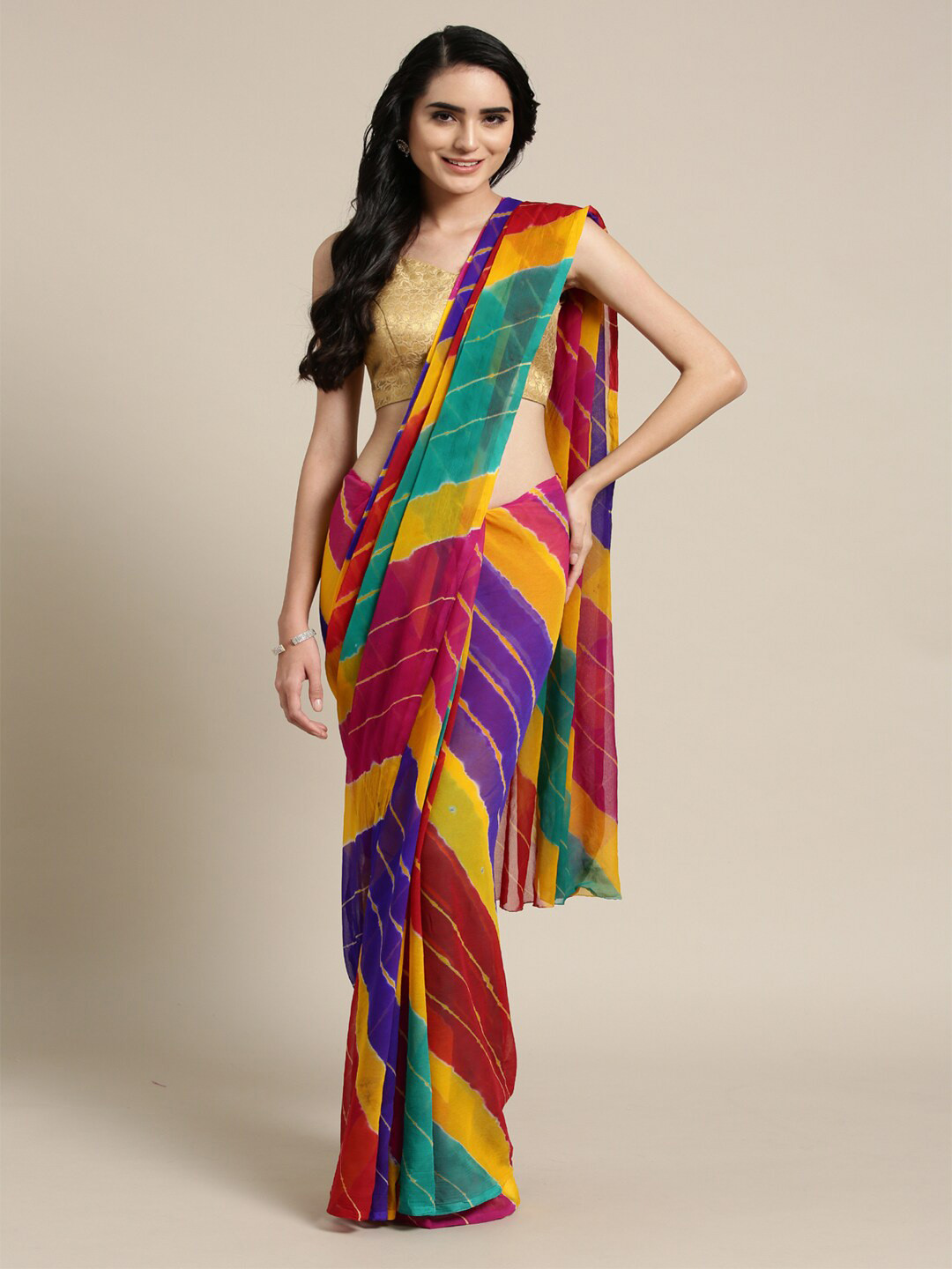 

Geroo Jaipur Red & Green Leheriya Saree