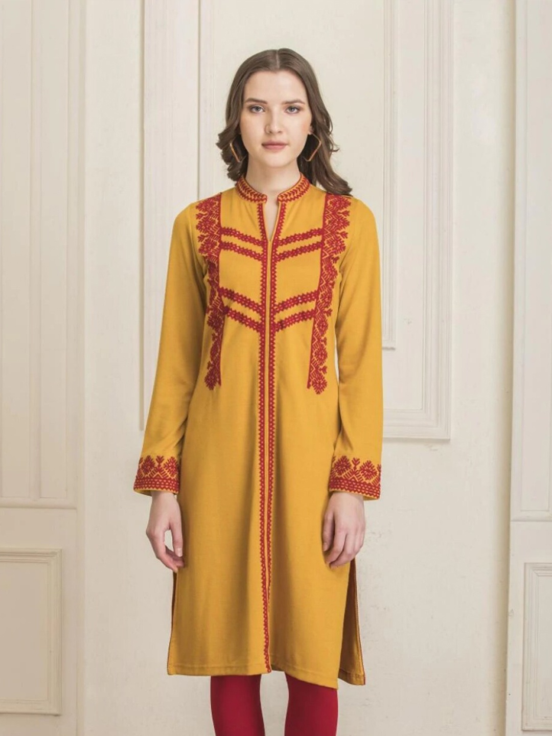 

Lakshita Women Yellow & Red Geometric Embroidered Thread Work Kurti