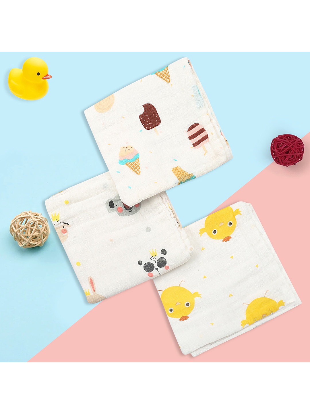 Baby Moo Set of 3 Printed Muslin Cotton Table Napkins, White