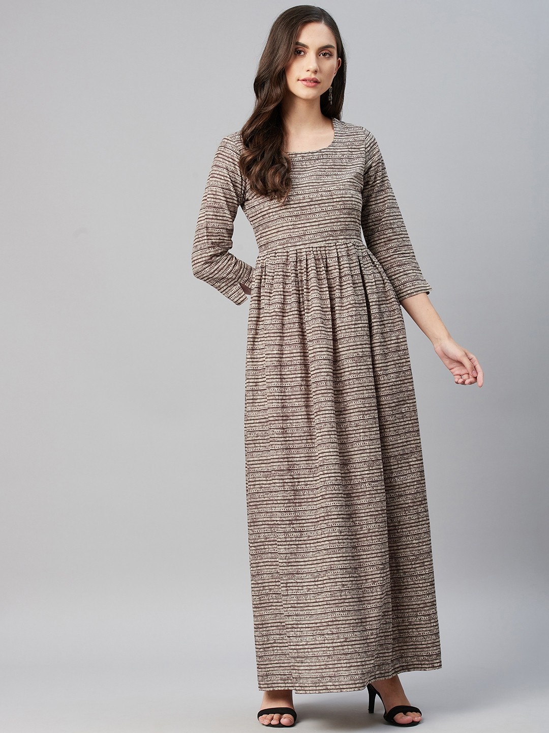 

MBE Brown & Beige Ethnic Printed Cotton Maxi Dress