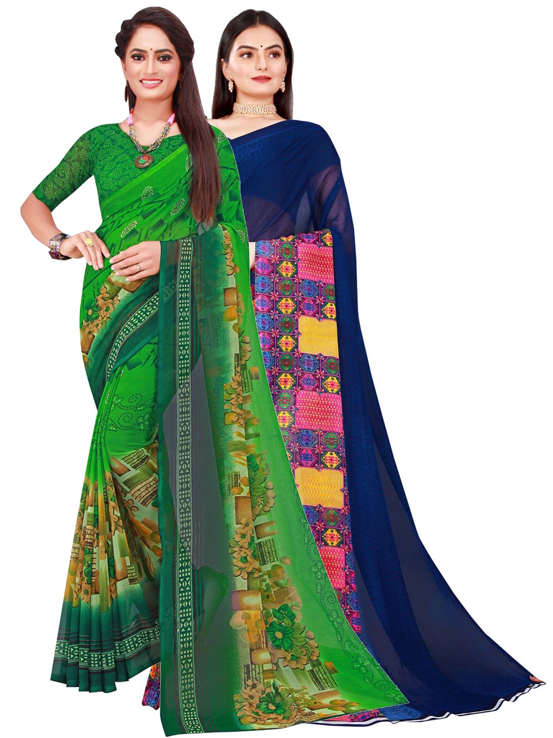 

SAADHVI Pack of 2 Green & Blue Printed Saree