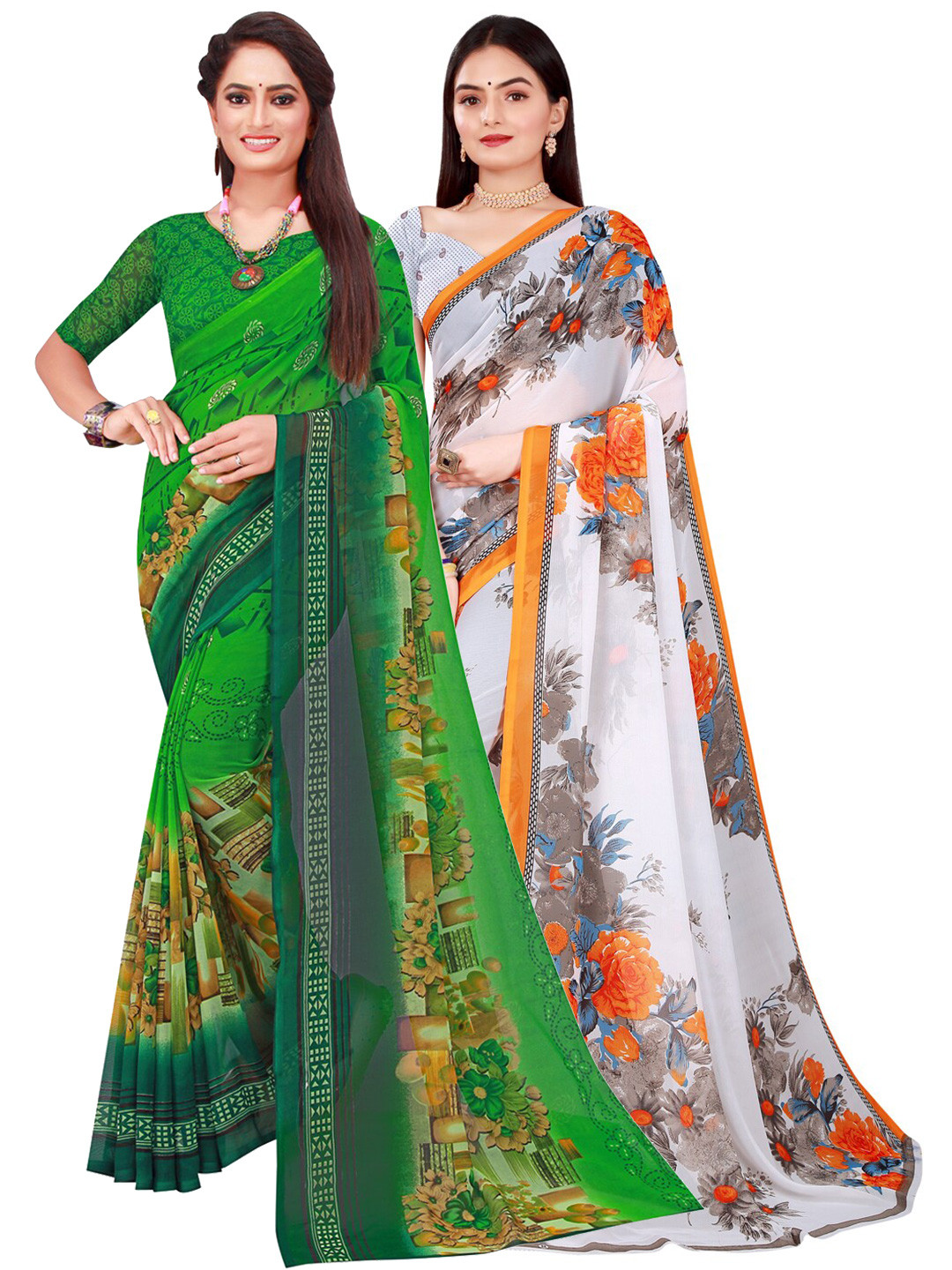 

SAADHVI Green & White Set Of 2 Floral Pure Georgette Saree