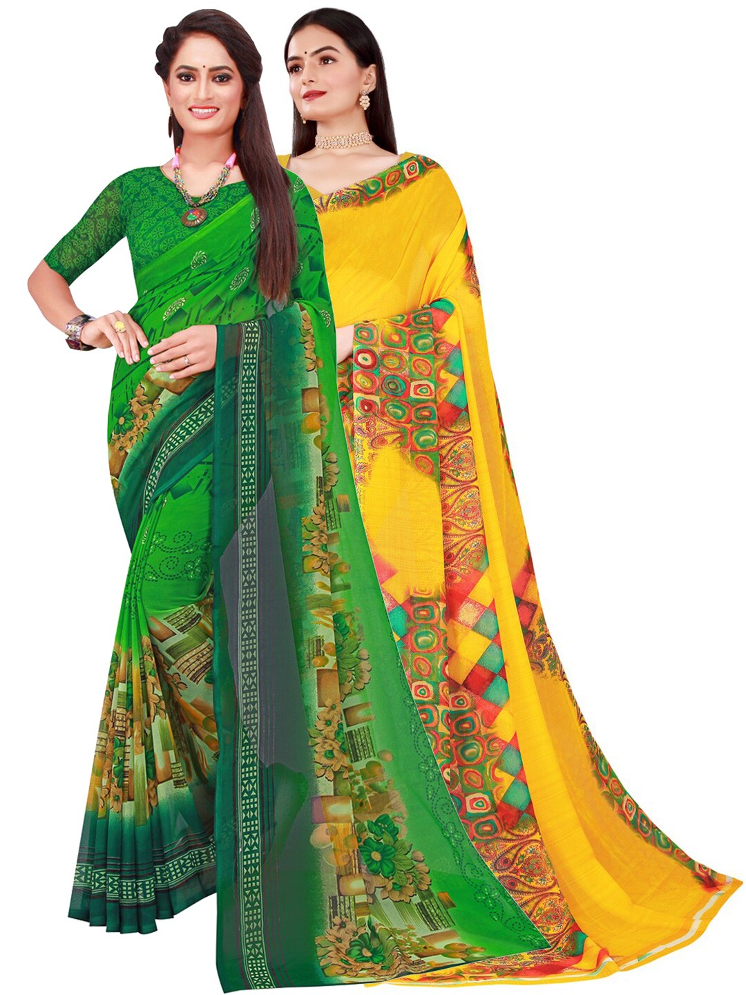 

SAADHVI Green & Yellow Pure Georgette Saree