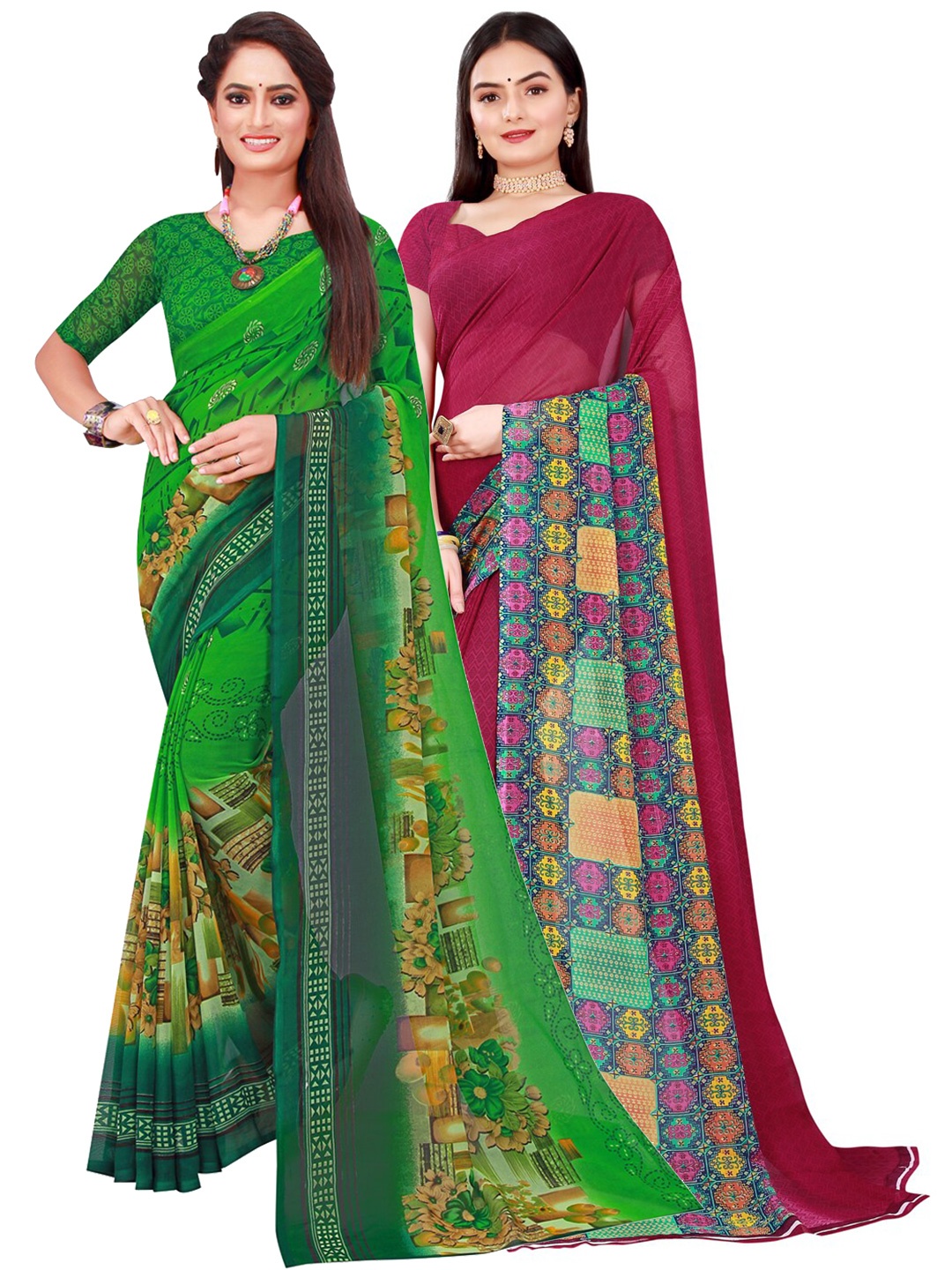 

SAADHVI Green & Purple Set Of 2 Floral Pure Georgette Saree