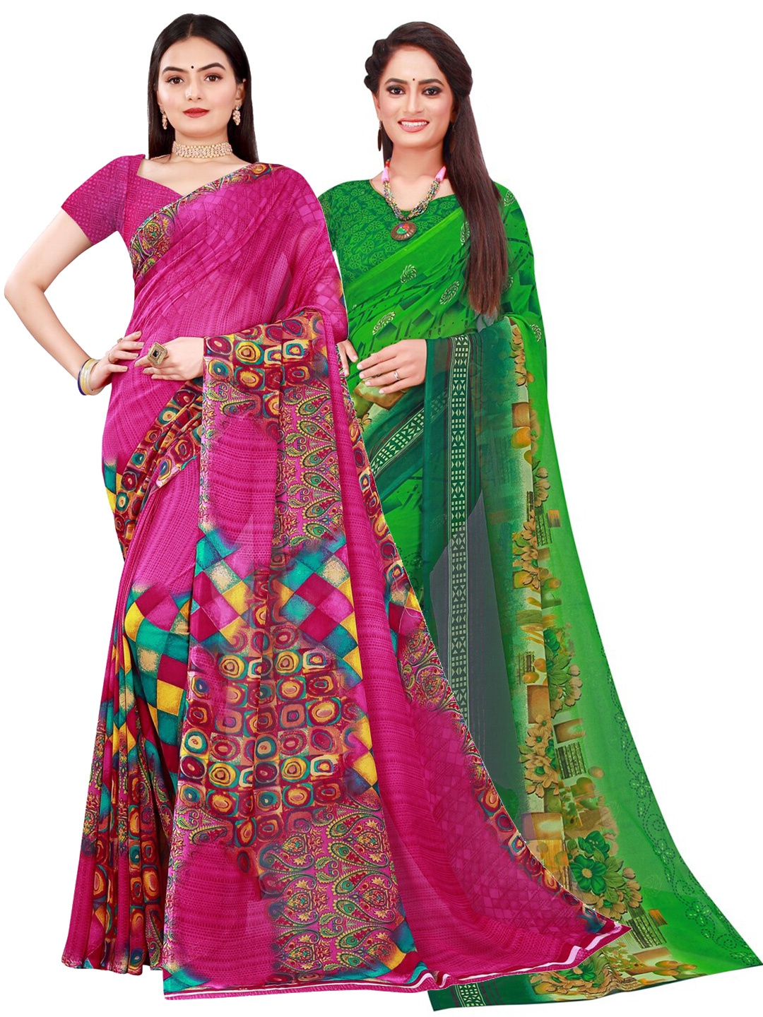 

SAADHVI Set Of 2 Green & Pink Floral Pure Georgette Saree