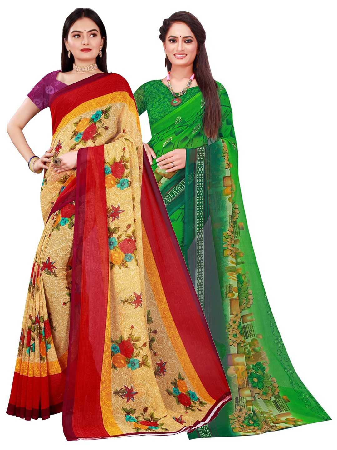 

SAADHVI Set Of 2 Green & Beige Floral Pure Georgette Saree