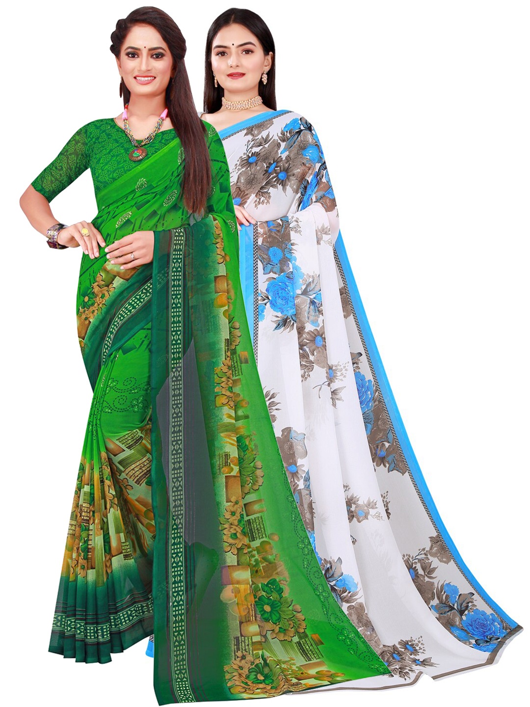 

SAADHVI Pack of 2 Printed Pure Georgette Sarees, Green