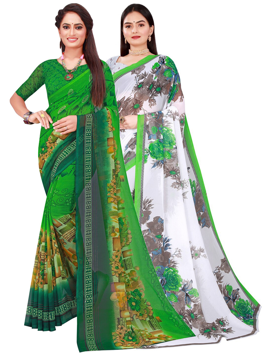 

SAADHVI Green & White Set Of 2 Floral Pure Georgette Saree