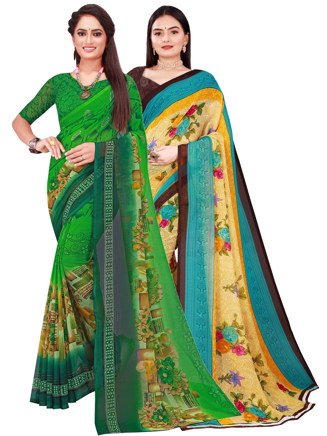 

SAADHVI Pack Of 2 Green & Blue Pure Georgette Saree
