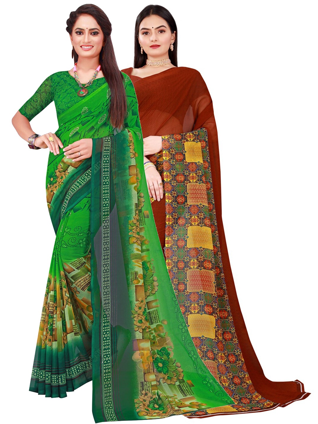 

SAADHVI Green & Brown Pure Georgette Saree